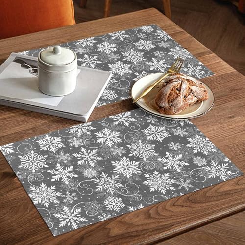 Christmas Placemat 1PC, Grey White Snowflakes Pattern Heat Resistant Washable Table Place Mats Winter Cotton Table Linens Party Holiday Decor for Kitchen Dining Outdoor Indoor