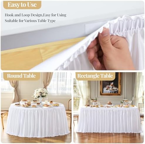 Wish Care 17ft White Satin Long Table Skirt for Rectangle Tables Wrinkle Free Teacher Desk Skirt Glitter Ruffle Table Skirting Cloth for Office Wedding Birthday Baby Shower Party Banquet Table Decor