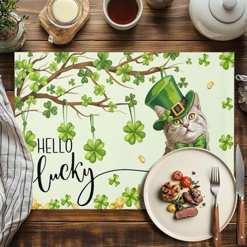 Funny Cat Green Shamrock Clover Placemats Set of 6, St. Patrick's Day Top Hat Cotton Linen Table Mats Non-Slip St. Patrick's Day Green Lucky Cat Magic Hat Placemat for Dining Kitchen Table Decor