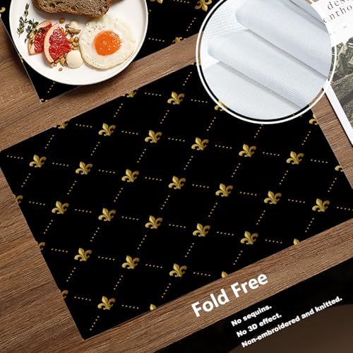 Batmerry Black French Fleur De Lis Placemats,Golden Pastoral Flowers Washable Linen Table Mats for Kitchen Table Double Insulation Decor Dining Set Indoor Outdoor 12X18 in Set of 4