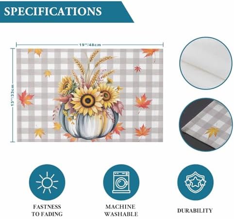 Fall Pumpkins Leaves Placemats Set of 6, Thanksgiving Heat Resistant Washable Table Place Mats Rustic Farmhouse Gray Buffalo Plaid Table Linens Party Decor for Home Kitchen Dining Outdoor Indoor