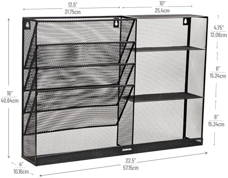 Mind Reader 4-Tier Vertical File Storage and Shelves, Desktop Organizer, Wall Mount, Office, Metal Mesh, 22.5"L x 4"W x 16"H, Black