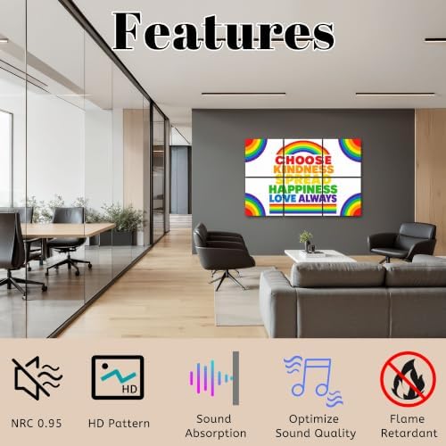 6 Pack Art Acoustic Panels Sound Absorbing Rainbow Motivational Poster Choose Kindness Spread Happiness Love Decorative Soundproof Wall Panels Self Adhesive for Home Recording Studios 72"x48"