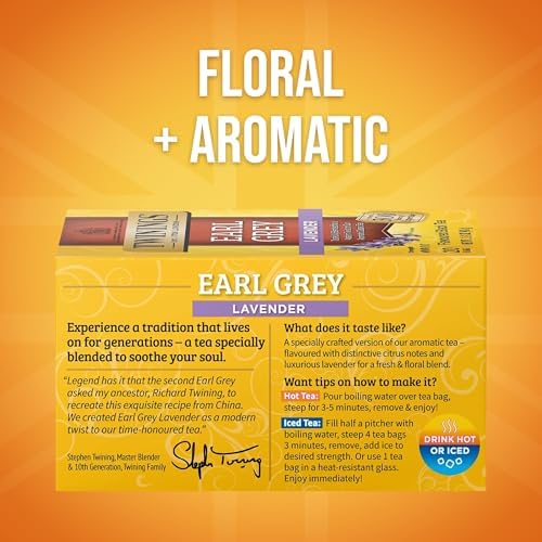 Twinings Earl Grey Lavender Black Tea Individually Wrapped Bags, 20 Count (Pack of 6), Citrus, Bergamot & Floral, Caffeinated, Enjoy Hot or Iced, 120 Teabags