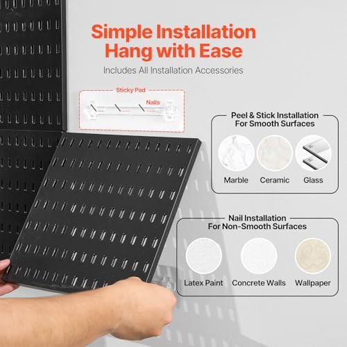 VEVOR Pegboard Combination Kit, 11" x 11" Plastic Pegboard, 4 Panels, Peg Board Wall Organizer Kit with Accessories, for Garage Tool Storage Kitchen Living Room Craft Room Office Bathroom Home, Black