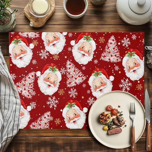 Red Christmas Placemat 1PC, Santa Claus Merry Christmas Tree Heat Resistant Washable Table Place Mats Winter Snowflake Cotton Table Linens Party Holiday Decor for Kitchen Dining Outdoor Indoor
