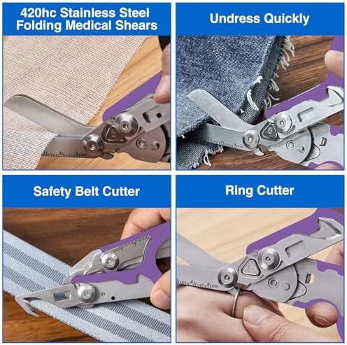 Heavy Duty 6 in 1 Multifunctional Trauma Shears Foldable | Stainless Steel emergency response scissors | Survival Shears with Holster | Medical Trauma shears Tactical With Strap Cutter | Purple