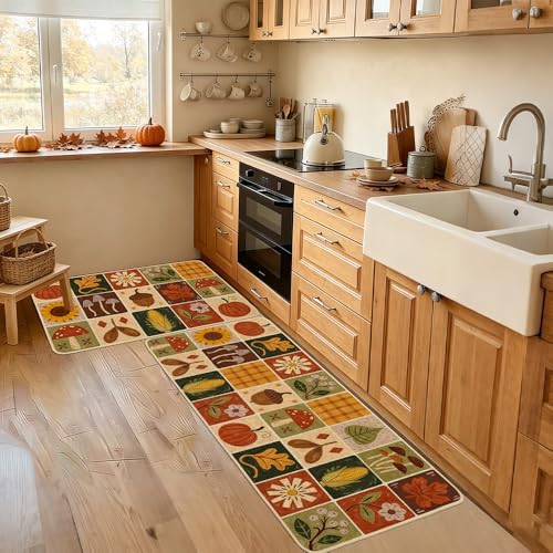 Baccessor Fall Kitchen Rugs Set of 2, Pumpkin Harvest Patchwork Kitchen Mats for Floor Washable Low-Profile Farmhouse Autumn Holiday Home Indoor Outdoor Decor 17x29 and 17x47 Inch