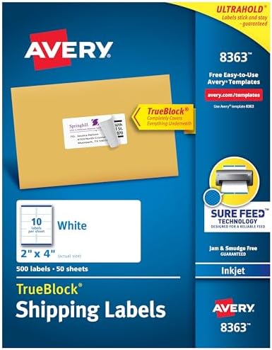 Avery Printable Shipping Labels, Sure Feed Technology, 2" x 4", White, 500 Blank Mailing Labels (8363)