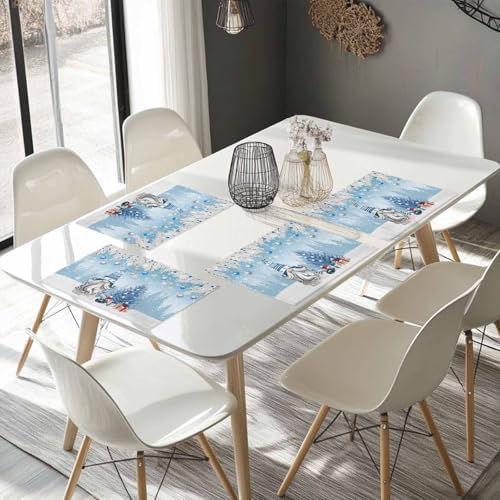 Christmas Gnome Placemat 1PC, Winter Merry Christmas Tree Balls Heat Resistant Washable Table Place Mats Blue Cotton Table Linens Party Holiday Decor for Kitchen Dining Outdoor Indoor