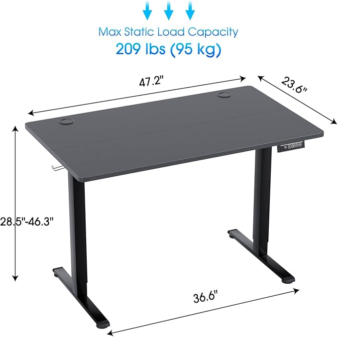PayLessHere 48 Inch Electric Standing Desk Sit Stand up Desk Home Office Desk with Large Space Headphone Holder 2 Memory Function for Home,Office,Meeting Room (Black)