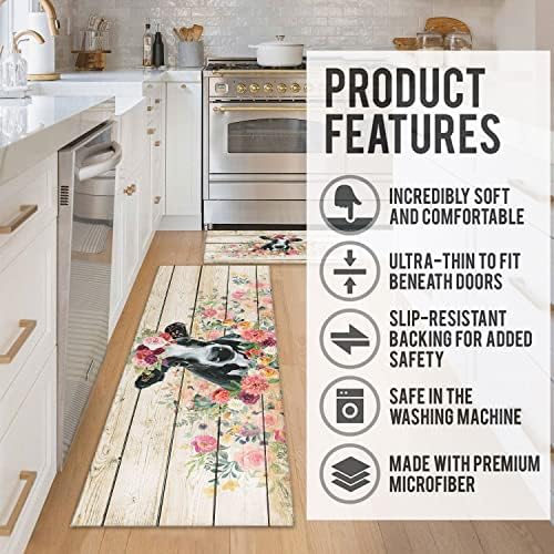 Cow Kitchen Rugs and Mats for Floor 2 Piece Sets, Wood Grain Floral Floor Mat for Kitchen, Farmhouse Cow Kitchen Mat in Front of Sink for Standing for Country Kitchen Decor 17"X30"+17"X47"