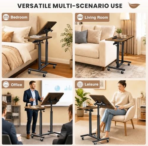 Elowen Rolling Laptop Desk with Wheels, Double-Pole Portable Overbed Table