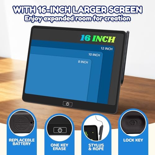 16 Inch LCD Writing Tablet for Kids, Reusable Portable Drawing Board, Black