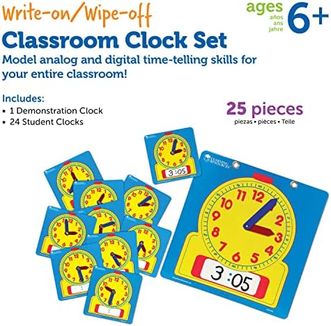 Learning Resources Write & Wipe Clocks Classroom Set - 25 Pieces, Ages 6+ Laminated Dry-Erase, Teaching Aids, Teacher Supplies, Learning Time