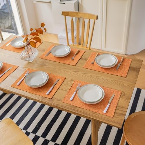 Demetex Orange Fall Placemats Set of 8 Linen Textured Fabric Place Mats Rectangle Cloth Table Mats for Home Office Table Decor, 13x19 inch, Orange
