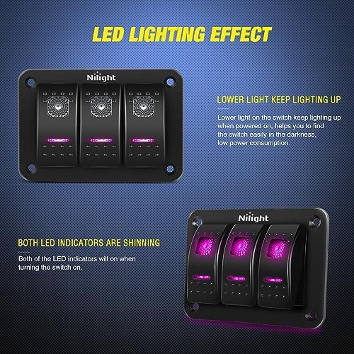 Nilight 3 Gang Aluminum Rocker Switch Panel Pre-Wired