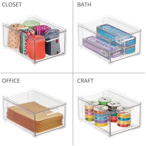 mDesign Stackable Storage Containers Box with Pull-Out Drawer - Stacking Plastic Drawers Bins for Kitchen Pantry and Cupboard, Cabinet, Counter, Island and Tables - Lumiere Collection - 4 Pack - Clear