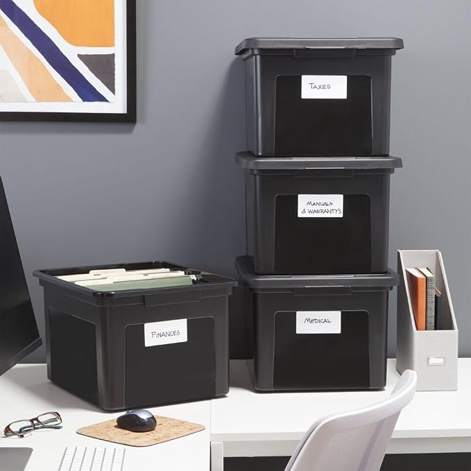 Staples Plastic File Box with Snap Lid, Letter/Legal Size, Black, 4/Carton | Stackable storage box keeps hanging files organized and protected.