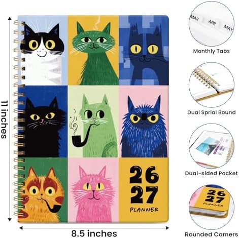 Large Planner 2026-2027, A4 (8.5" x 11") Hardcover Weekly & Monthly Planner July 2026 - June 2027 with Monthly Tabs, Academic Planner for School, Work and Office, Whisker Mosaic