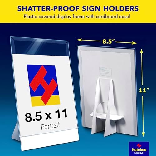 Paper Sign Holder (8.5 x 11 Inches) Plastic Countertop Display w/Shatterproof (No Acrylic) Clear Design & Cardboard Easel Back Tabletop Slant Support for Stackable Lightweight Portable by Hutchco