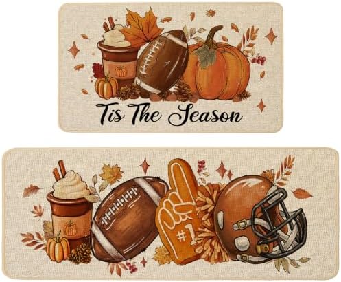 Baccessor Fall Pumpkin Kitchen Rugs Set of 2,Tis The Season Autumn Football Thanksgiving Farmhouse Mats Washable Non Slip Low-Profile Indoor Floor Holiday Hallway Sink Decor 17x29 and 17x47 Inch