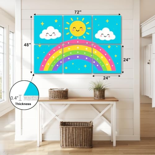 6 Pack Art Acoustic Panels Sound Absorbing Cute Rainbow Smiling Sun Clouds Stars Blue Decorative Soundproof Wall Panels Self Adhesive for Home Recording Studios 72"x48"