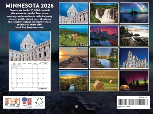 Minnesota Calendar 2026 Wall 12 Month Monthly MN Scenic Souvenirs Minnesotan Themed Gifts | American Made In The USA