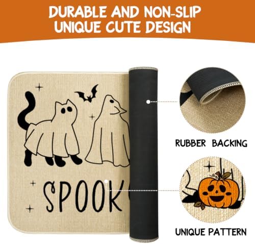 Ghost Black Cat Halloween Kitchen Rugs and Mats Set of 2, (17"x47"+17"x30") Gothic Cute Spooky Season Pumpkin Trick Or Treat Non Skid Washable Runner Rugs for Home Decor Decorations and Accessories