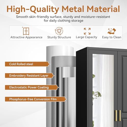 Polup Metal Armoire Wardrobe Closet with Mirror, 71" Tall Black Cabinet