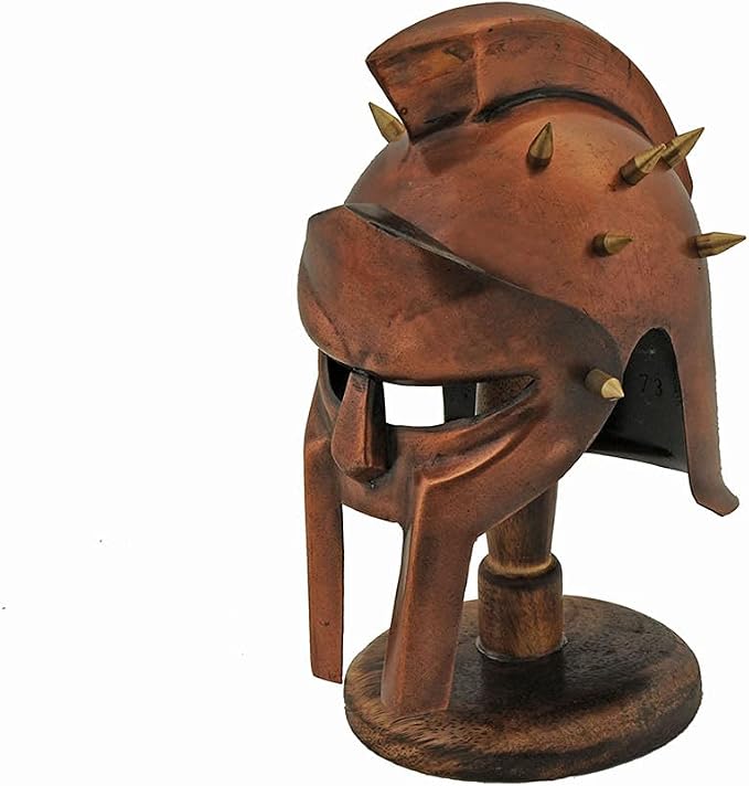 Miniature Decorative Brass Finished Replica Spiked Gladiator Helmet with Stand