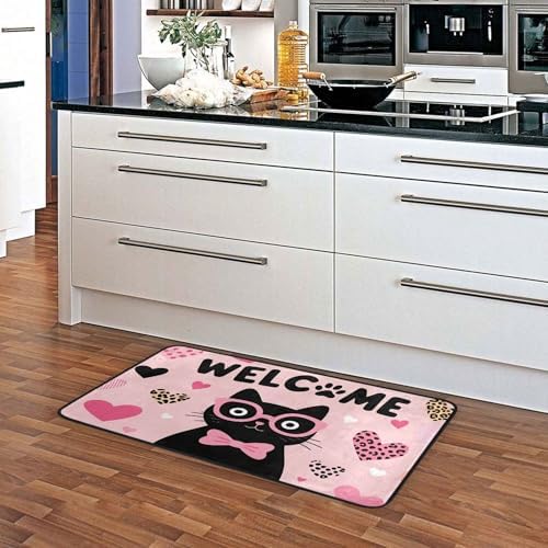 Aslsiy Black Cat with Bow Heart Pink (1) Kitchen Rug Kitchen Mats Valentines Floor Comfort Welcome Washable Non Slip Area Rug for Home Decor 39" X 20"