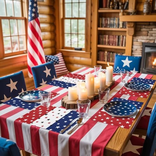 July 4th Placemats Set of 6- Red White Blue Heat Resistant Placemat Washable Cotton Linen Summer Table Mats Independence Day Party Holiday Decorations for Home Kitchen Dining Table Outdoor Indoor