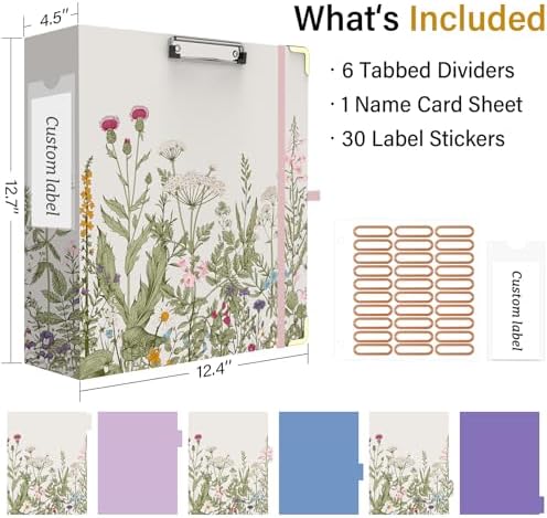 3 Ring Binder 3 Inch, Cute Round Ring Binder with 6 Tab Dividers & Label Stickers, Low Profile Clipboard with Storage, Fashion Binder for School Office Supplies (Garden Flowers)