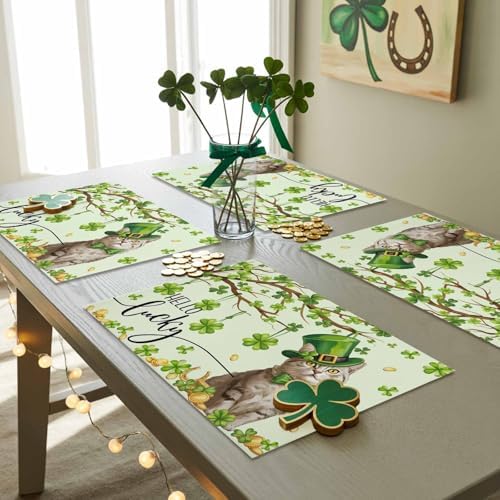 Lucky Cat St. Patrick's Day Placemats Set of 6, Green Spring Shamrocks Tree Heat Resistant Washable Dining Table Mats Spring Holiday Farmhouse Decor for Kitchen&Table Linens Outdoor Indoor