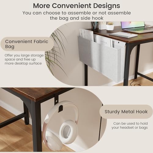 COSTWAY Home Office Desk, 32 Inch Computer Desk with Recessed Power Strip, Storage Bag & Headphone Hook, Wide Desktop, Modern Computer Workstation Writing Table for Home, Office (Rustic Brown + Black)