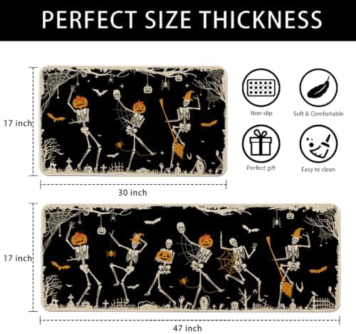 Halloween Kitchen Mat Decor, Skeleton Black Halloween Kitchen Rugs Set of 2