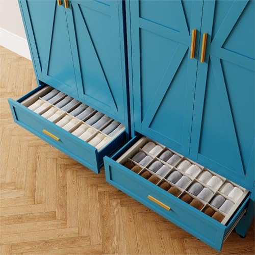 Washsemba 71'' Farmhouse Metal Wardrobe Cabinet with Hanging Rod, 2 Barn Door Wardrobe Closet with Adjustable Shelves,Drawer,for Dining Room,Bedroom,Living Room, Cloak Room,Office (Peacock Blue)