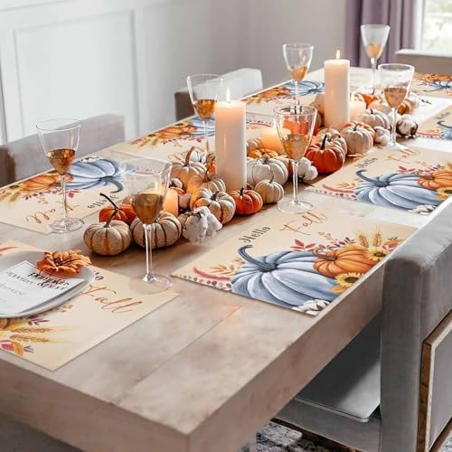 Fall Placemats Set of 6, Hello Fall Pumpkin Place Mats Maple Leaves Sunflower Bird Tablemats Harvest Thanksgiving Placemat Table Decoration for Kitchen Table Holiday Dinner Party Autumn Home Decor
