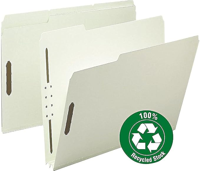 Smead 100% Recycled Pressboard Fastener File Folder, 2 Fasteners, 1/3-Cut Tab, 2" Expansion, Letter Size, Gray/Green, 25 per Box (15004)