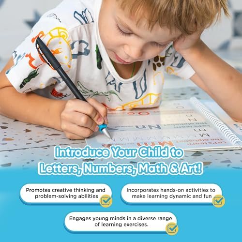 Kiddospace Magic Grooved Writing Practice for Kids Ages 3-8 - 4 Large Reusable Handwriting Workbooks - Alphabet, Numbers, Math & Drawing - Grooved Tracing Books with Disappearing Ink Pen Included