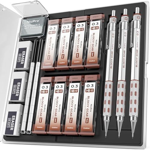 Nicpro 3 Pack Blocky Gear 0.3 mm Metal Mechanical Pencils Set with Case