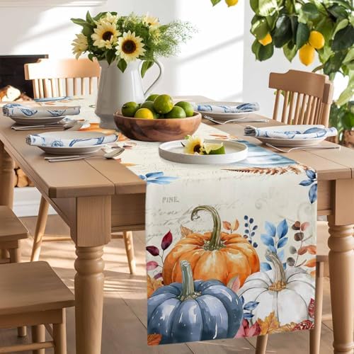 Fall Orange Blue Pumpkin Table Runner Dresser Scarf 13 x 108 Inch Eucalyptus Leaf Retro Thanksgiving Table Runners Non-Slip Heat Resistant Kitchen Dining Table Decor for Autumn Holidays Indoor Outdoor