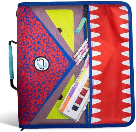 Case-it The Dual 2-in-1 Zipper Binder | Two 1.5-Inch D-Rings, 600 Sheet Capacity, Pencil Pouch & Multiple Pockets | School & Office Organizer with Shoulder Strap | Dual-101 Monster Design Red