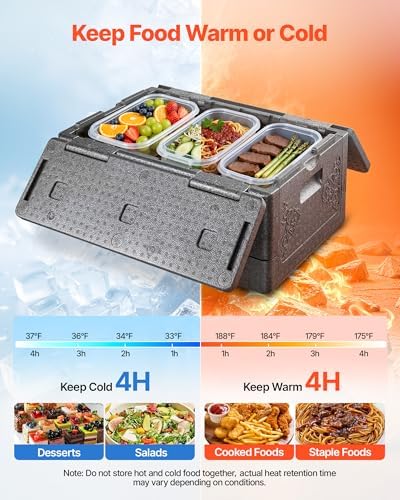 VEVOR Collapsible Insulated Food Warmer, 40 Qt Non-Electrical Thermal Carrier, Lightweight and High-Rigidity EPP Hot Box, for Delivery, Transport, Catering BBQ Event, Keeps Warm/Cold 4 Hours (Gray)