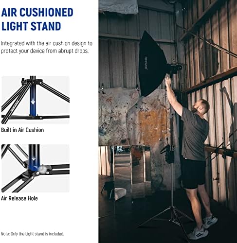 NEEWER 8.5ft/2.6m Air Cushioned Light Stand, Heavy Duty All Metal Tripod Stand with 1/4" to 3/8" Reversible Spigot, 3 Way Mounting Interface & Metal Locking Knobs, Max Load 5.5lb/2.5kg, ST-260AC