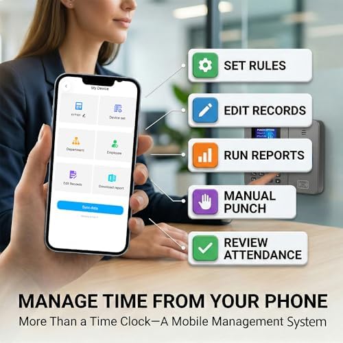 App-Controlled Time Clock with 5s Fast Connection, Edit Records, Set Rules & Run 4 Reports, No Monthly Fee, Fingerprint Time Clock for Employees Small Business, 10 IC Cards