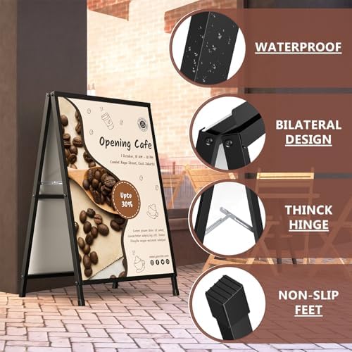 A Frame Sign 24x36 Inch Sandwich Board, Heavy Duty Double-Sided Folding Sidewalk Signboard, Slide-in Steel Metal Frame Sign Display Holder for Outdoor & Indoor Street Poster, Businesses, Advertising