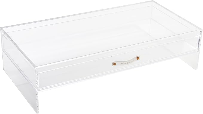 Russell+Hazel Acrylic Monitor Stand with Storage Drawer, Clear | Lifts your monitor for better posture and hides clutter below. Clear acrylic riser with a storage drawer holds up to 10 lbs.