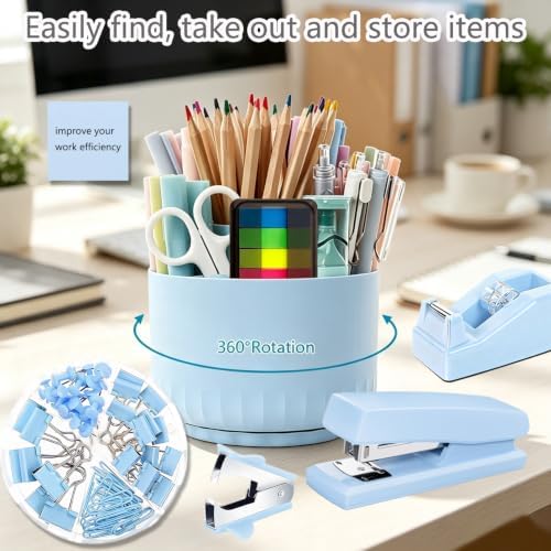 Office Supplies,School Supplies,Blue Desk Accessories,Desk Organizer,Scissors,Stapler,Tape Dispenser,Binder Clips,Staples,Staple Remover,Sticky Notes,Clear Tape,Pen,Ruler,Best Gift,11pcs